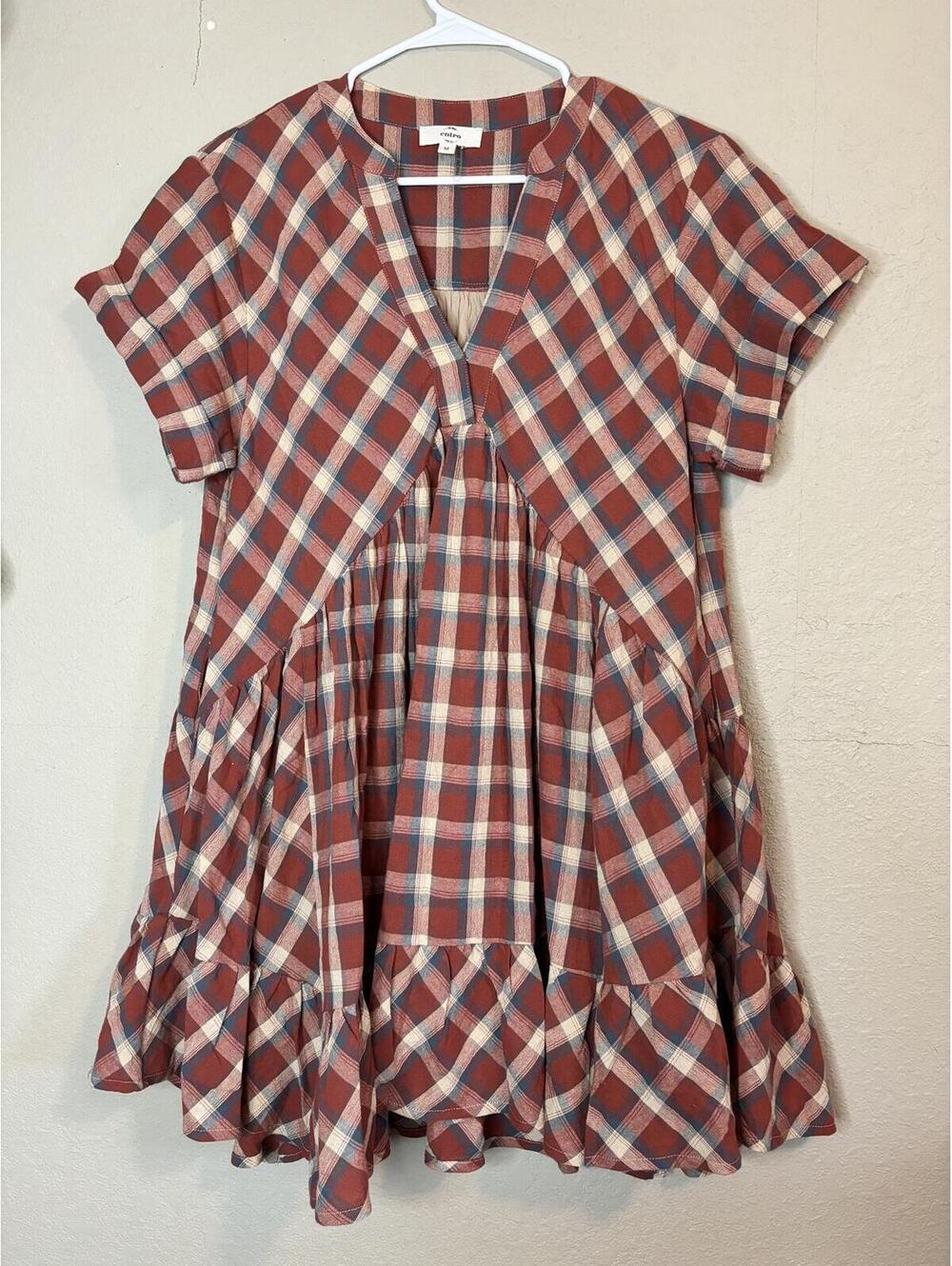 Entro Plaid Babydoll Dress Size M Burgundy Multi Tiered Ruffle Short Sleeve